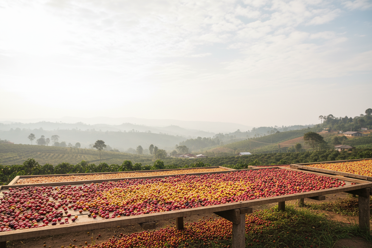 Coffee blend with scattered cherries