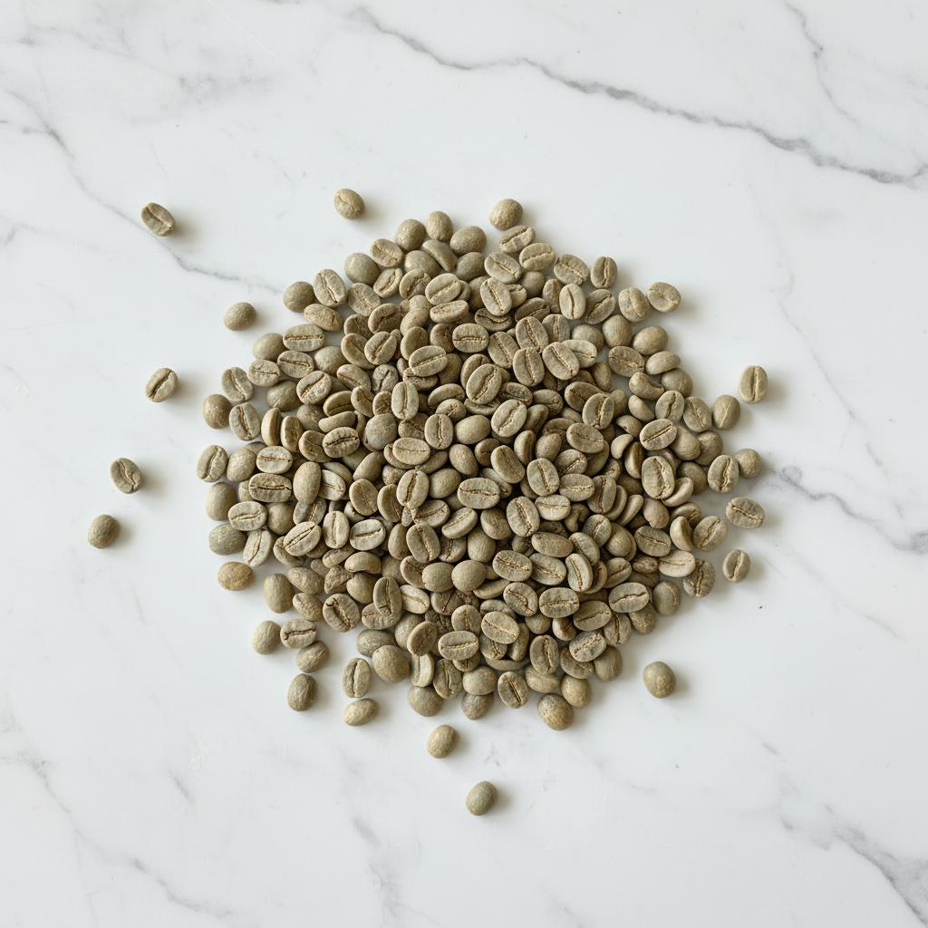 Darker green coffee beans on marble