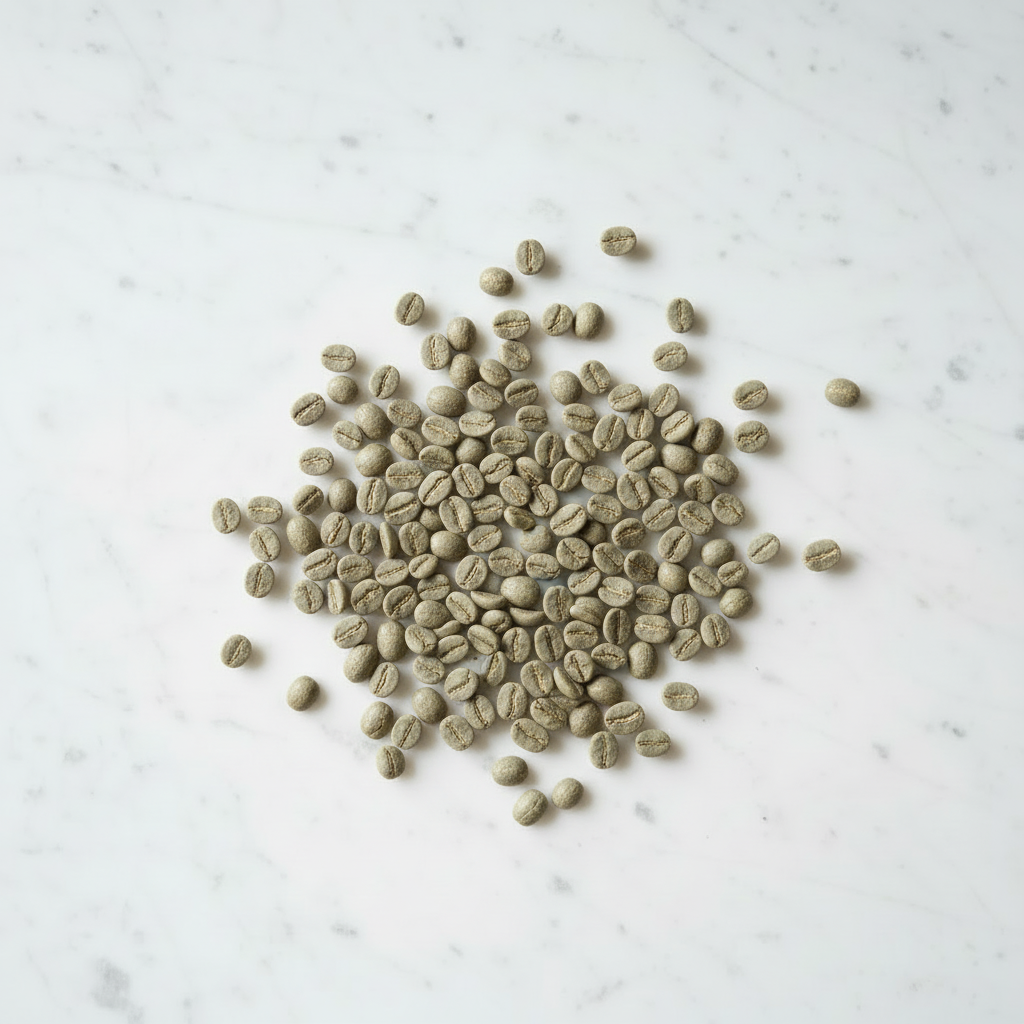 Green coffee beans on white marble
